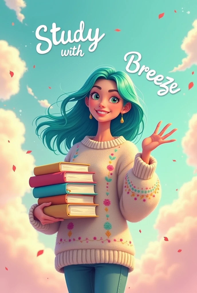 a 20 years old animated girl holdind books with a phrase 'Study with Breeze', behind the girl
