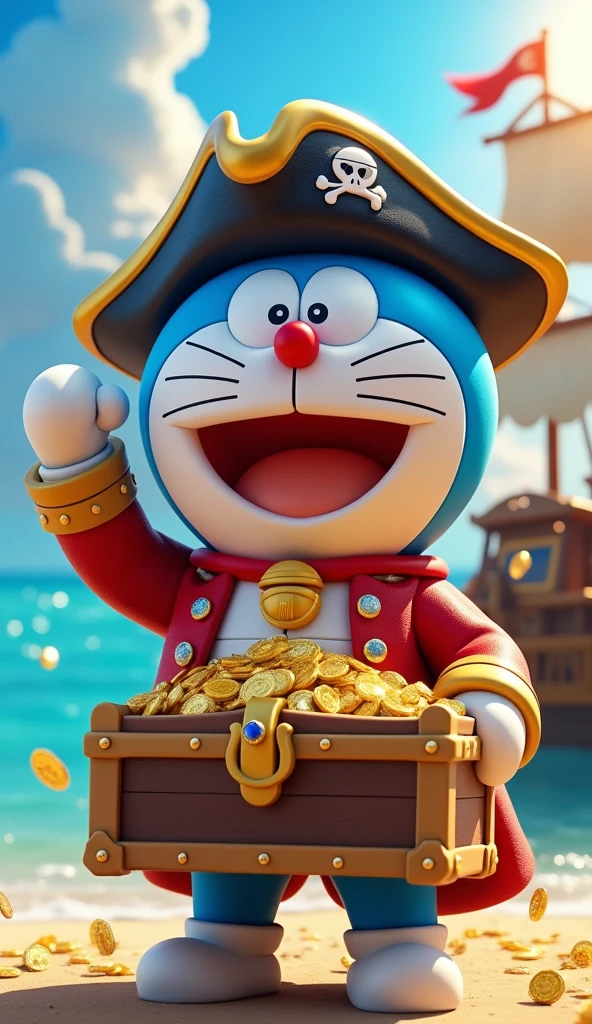 Image of captain doraemon wearing pirate costume . Doraemon carried the treasure chest back to the ship.. Sharp 4k 3d images