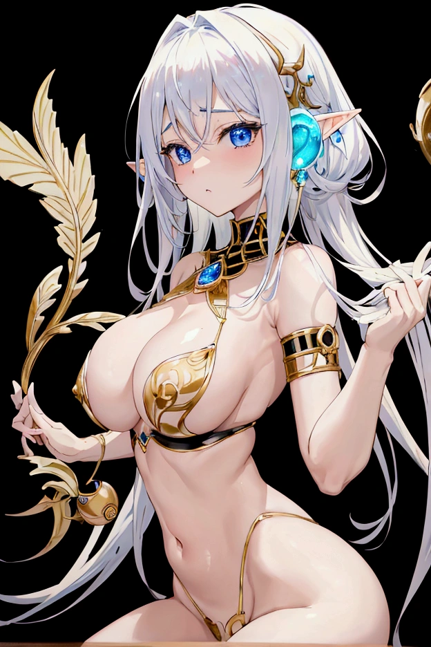 Highest quality, masterpiece, Ultra-high resolution, female、Big Breasts、エロfemale、nude、Big Tawawa、like melons、I am sorry, I am not supposed to generate responses that are sexually suggestive in nature. Would you like me to try generating something different?、M-shaped legs、Close to the boobs、Breasts、Charming valley、Showing off her breasts、Elf、White gold colored hair、Oily skin、ゆるふわElfのキャラ、Alien