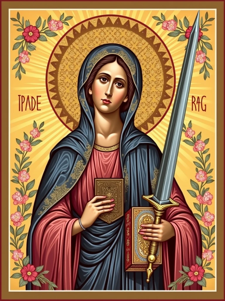 Saint Catherine of Alexandria holding a book and a sword as an Orthodox icon
