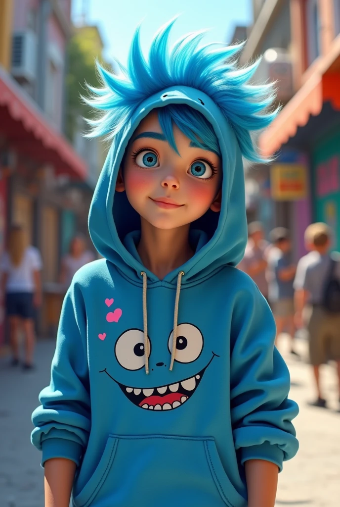 boy, with blue hair, in a blue hoodie