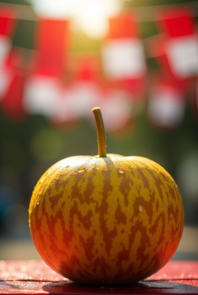 Draw a sketch of a round melon with a yellow pattern on Indonesia's 79th Independence Day