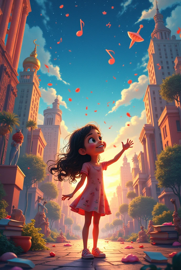 Animated girl discovering painting, sculpture, architecture, music, dance, Literature and cinema in a collage