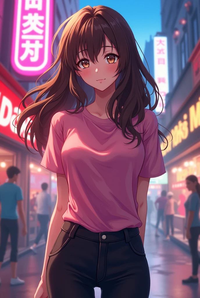  female anime character with wavy brown hair, wearing a pink shirt and black pants. 