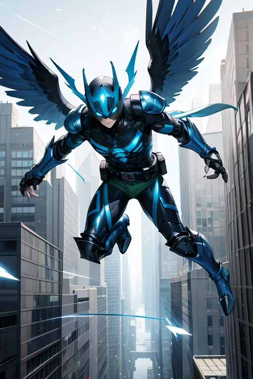 ((best quality)), ((masterpiece)), (detailed), 1 male, full body, 25 years old, blue head, uncovered mouth, blue biker helmet, black beak, black collar, tall, thin, metallic wings, 2 wings on his suit, black fingerless gloves, blue wrist guards, luminous blue wings that shoot lasers, blue suit resembling light armor, blue suit with an emblem, completely green chest, emblem on his chest, green pants, grey knee pads, metallic grey boots, metallic bird claws, black superhero belt, flying through the city, midday city background, anime