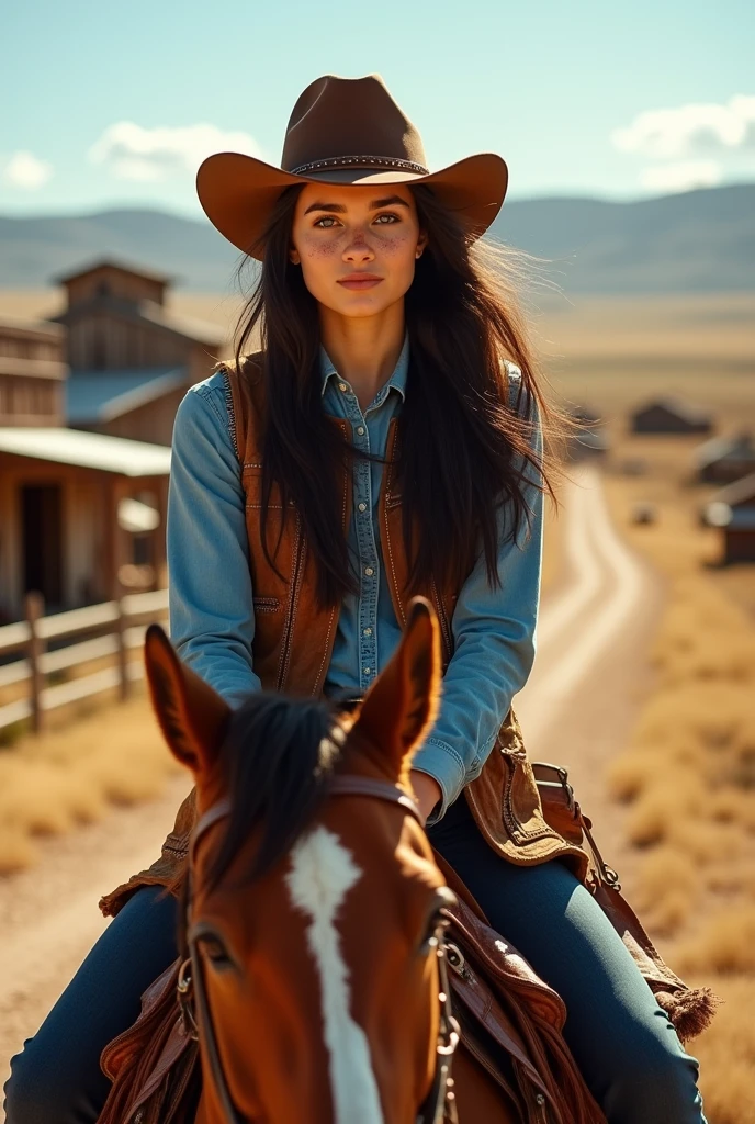 "Striking and ultra-realistic photo, a young woman with dark hair, freckles, and blue eyes, wearing an authentic cowboy outfit, () cleavage, (riding a horse). Her outfit includes a hat fashionable cowboy, frayed vest, denim vest and boots, western landscape or worn rural buildings in the background (very detailed:1.1),(from top:1.5 ").