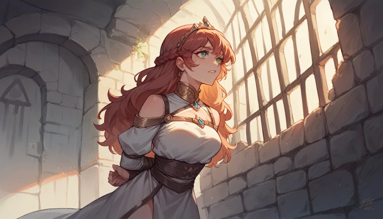 Princess imprisoned in a dungeon. Tied hands behind back