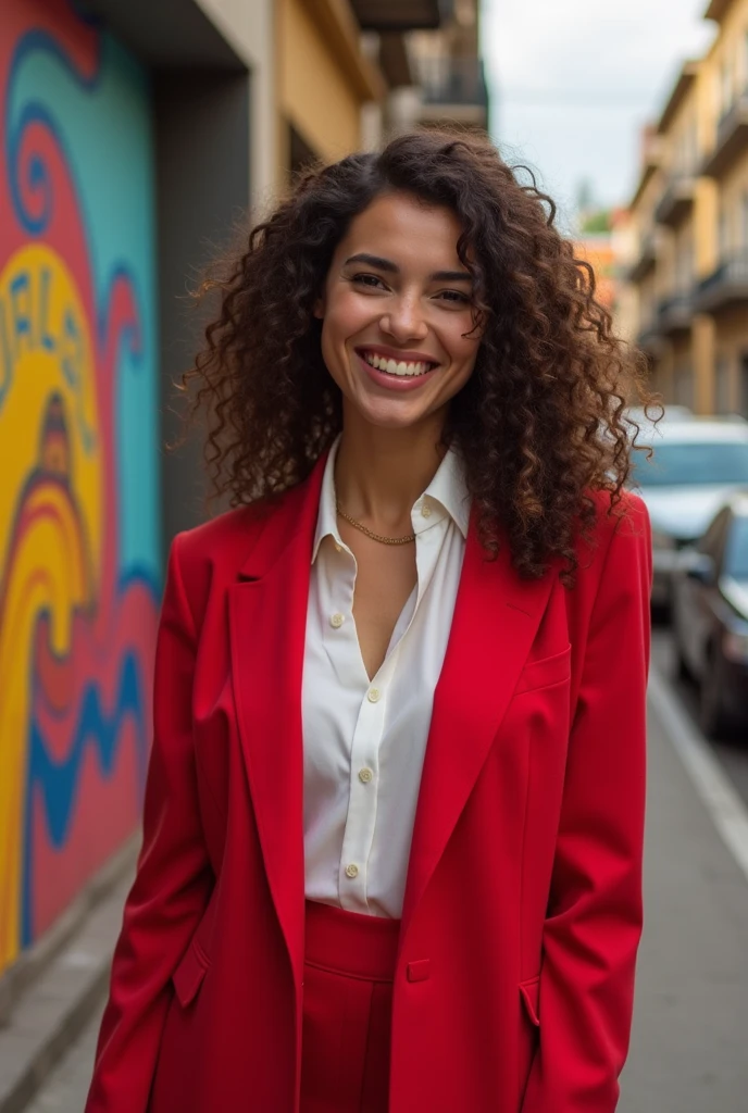 colombian beauty in red suit and brown curly hair and white shirt