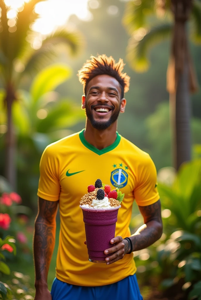 Create an image where Neymar is holding a cup of açai.