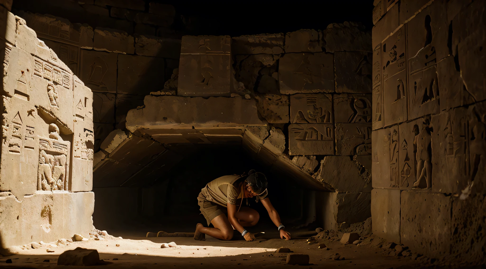 "Explorers uncovering ancient hieroglyphs and mysterious artifacts deep within the hidden chambers of an ancient pyramid."