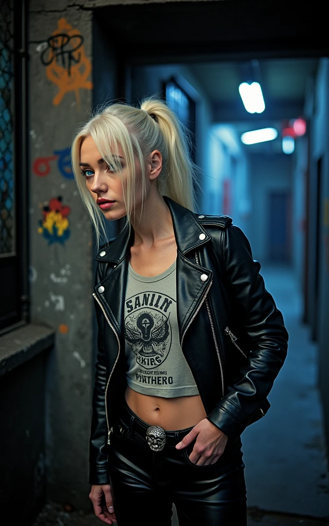 Old russian milf, platinum blonde hair in top ponytail ,with very light blue eyes, pale, heavy eye shadow s. Wearing black moto jacket, cropped rock t-shirt, black leather jeans and white tennis sneakers. Wide belt with skull buckle,vScared