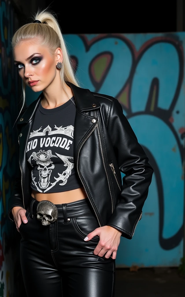 Old russian milf, platinum blonde hair in top ponytail ,with very light blue eyes, pale, heavy eye shadow s. Wearing black moto jacket, cropped rock t-shirt, black leather jeans and white tennis sneakers. Wide belt with skull buckle,vScared