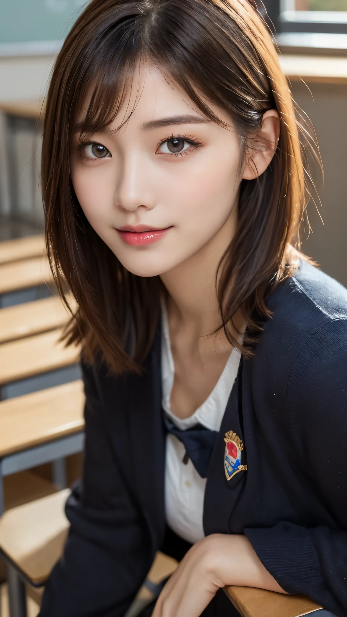 (masterpiece:1.3), (16k, photorealistic, RAW photo, best quality: 1.4),(photo of a beautiful Japanese girl), absurdres, attractive, ultra high resolution, ultra realistic, highly detailed, golden ratio, ultra detailed, super fucking beautiful detailed face, natural makeup, detailed cloth texture, detailed hair texture, beautiful detailed fullbody, Perfect female body, accurate, Anatomically correct, Highly detailed face and skin texture, (beautiful hands), (realistic skin), (beautiful pale skin:1.1), (Perfect dynamic composition, looking at viewer, full body shot:1.3),
BREAK,
realistic eyes, beautiful detailed eyes, symmetric eyes, Light Brown eyes, Double eyelids, Thin eyebrows, (Glossy lips:1.4), ((A face with waiting for a kiss, Seductive smile:1.2)), (weat skin, blush:1.1),
BREAK,
((short hair, bob, Dark blonde hair, bangs:1.2)), (Daytime, Straddling a chair, classroom:1.3), (school uniform, Dark Blue jacket, Red Checkered mini skirt:1.3)