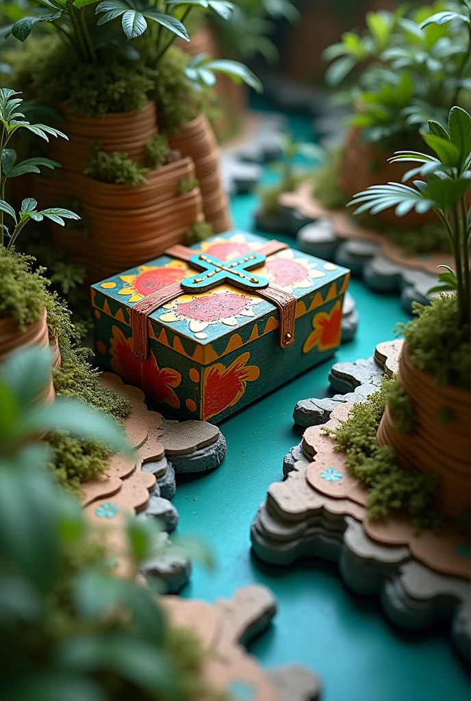 a model (School) of Styrofoam from a sustainable maritime cultural route , in the amazonia, medicine box, gouache paint, cardboard, newspapers