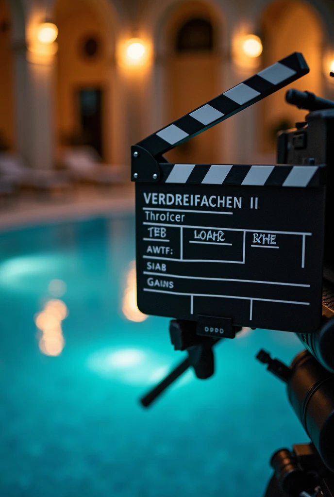 black and white clapperboard with title VERDREIFACHEN II with blurry luxurious pool in the background, lights and cameras around 