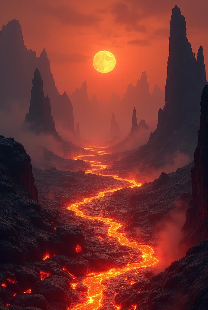 A picture of hell with lots of lava. It's very hot and bright balls of light are floating in the air