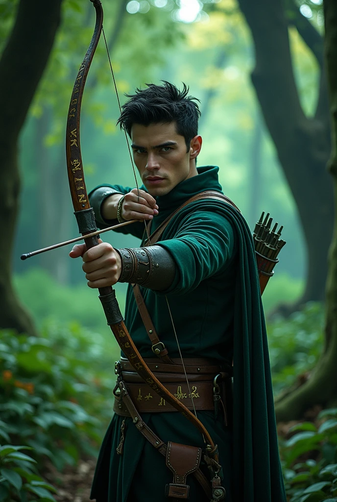 Half-elf, masculine, short black hair, archery warlock