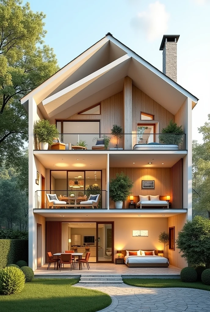 IMAGE OF A TWO-STORY HOUSE WITH A CROSS-SECTION, WHERE YOU CAN SEE ON THE FIRST FLOOR A KITCHEN, A DINING ROOM, living room, PARKING AND A TERRACE AND ON THE SECOND FLOOR A BATHROOM, A LAUNDRY, ONE BEDROOM AND A BALCONY.
