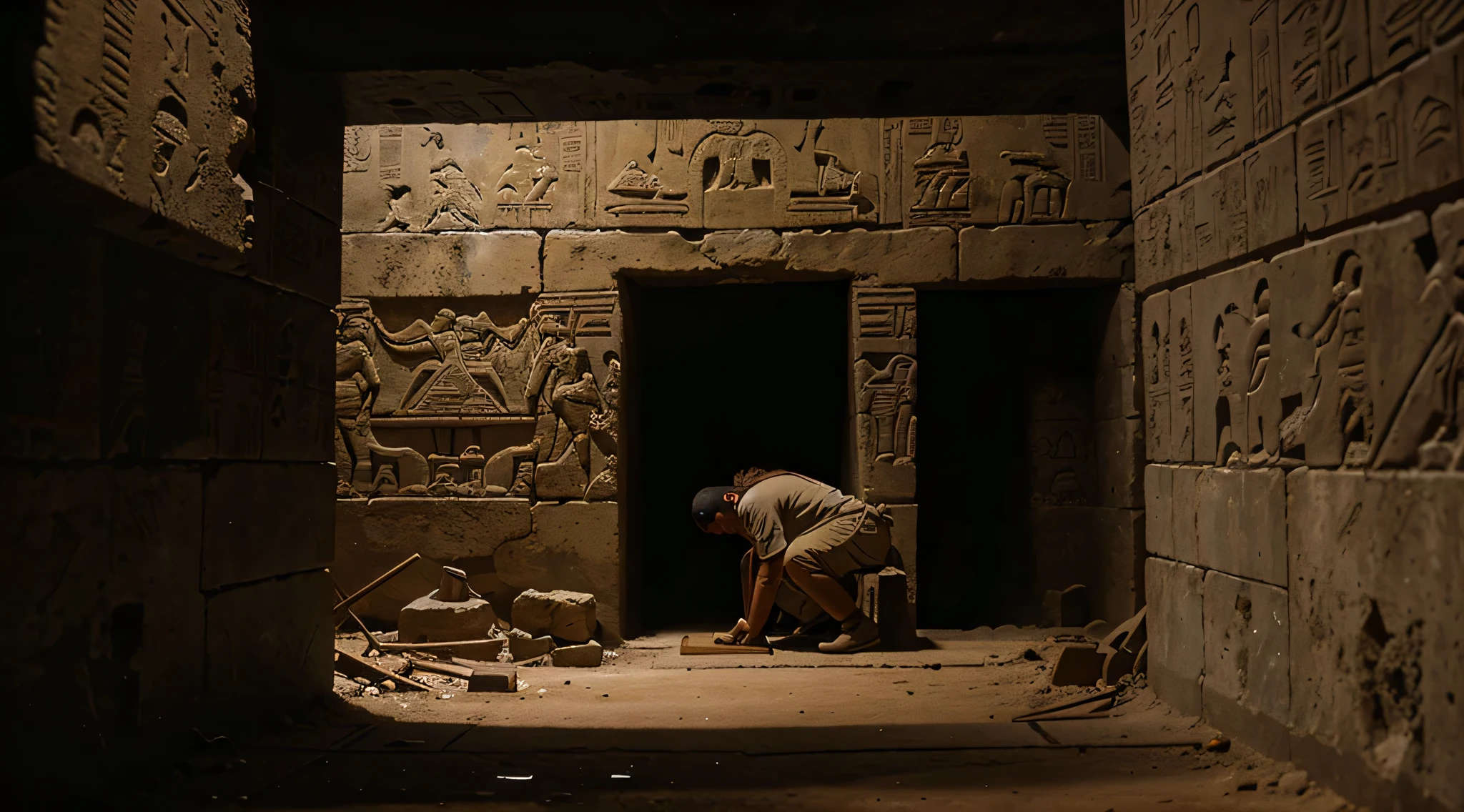"Explorers uncovering ancient hieroglyphs and mysterious artifacts deep within the hidden chambers of an ancient pyramid."