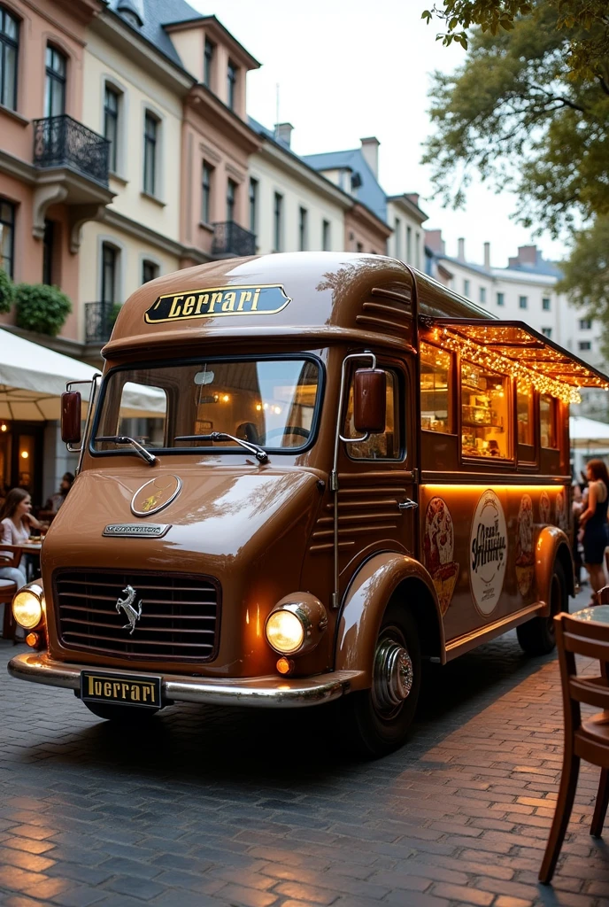 Make me a big, beautiful Ferrari truck that sells coffee and is named Steff Coffe. It should have colors related to a coffee shop.