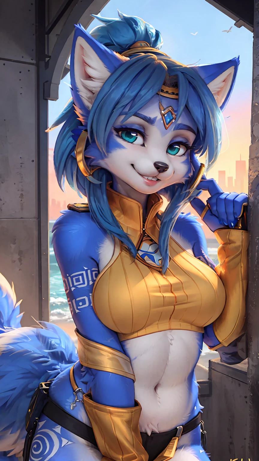 A beautiful and detailed (sweet portrait) wa ((krystal)), Star Fox krystal, sslim, lovable, green eyes, medium breasts, (((Long blue hair 1.3))), Decollete, grin, look up,, anthro, furry, Uploaded E621, detailed fluffy fur, (wa Fluff-Kevlar, Bayard Wu, personalize me, Pino Daeni), detailed face, (fluffy), 1 girl, alone, sweet girl, 
