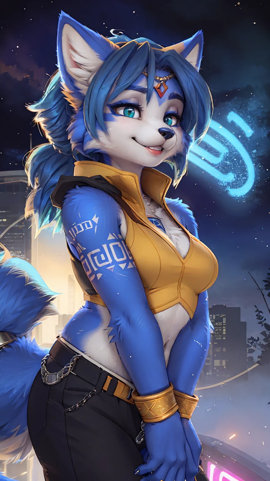 A beautiful and detailed (sweet portrait) wa ((krystal)), Star Fox krystal, sslim, lovable, green eyes, medium breasts, (((Long blue hair 1.3))), Decollete, grin, look up,, anthro, furry, Uploaded E621, detailed fluffy fur, (wa Fluff-Kevlar, Bayard Wu, personalize me, Pino Daeni), detailed face, (fluffy), 1 girl, alone, sweet girl, 
