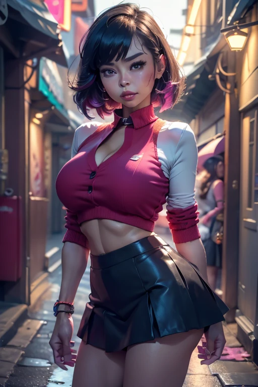 ((busty bitches)), Ecchi Pokemon girl in miniskirt , colourful clothes, located in nighttime dark alley of town, crying mascara lines, visible panties, looking at viewer nervously + frown, soft sensual lighting