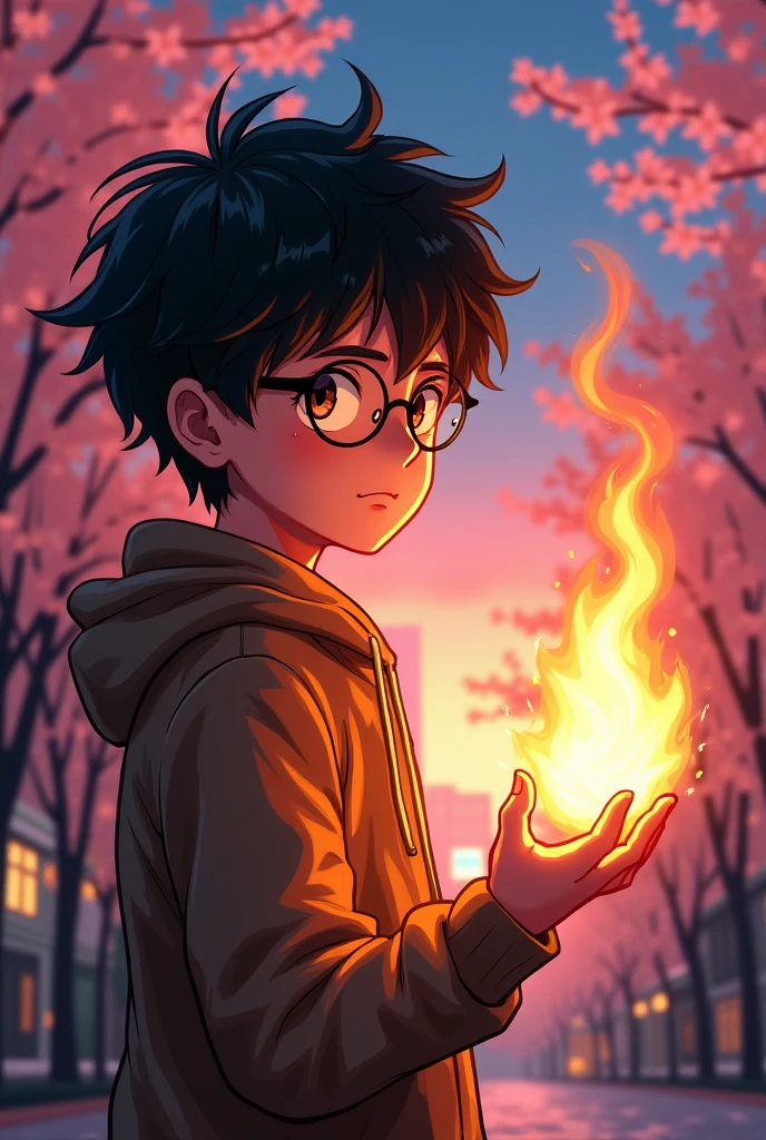 Side view of japanese boy wearing glasses 
anime art holding fire on his hand 