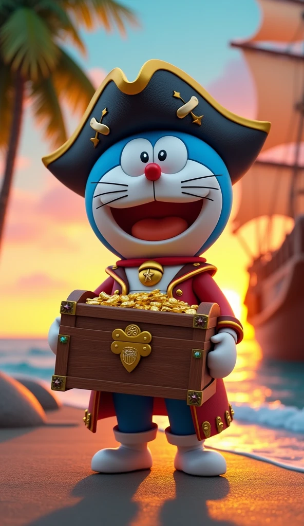Image of captain doraemon wearing pirate costume . Doraemon carried the treasure chest back to the ship.. Sharp 4k 3d images