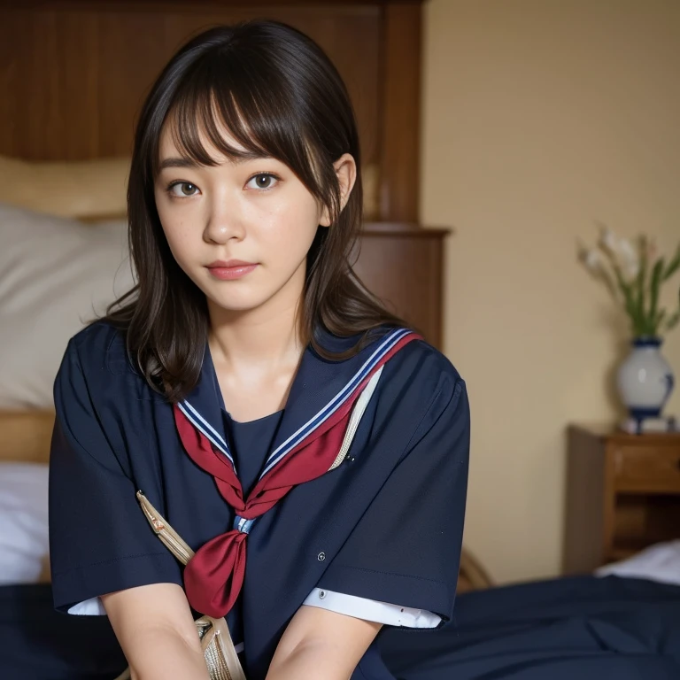 (Masterpiece, Best quality:1.4), (Ultra realistic, Photo-realistic:1.2), Natural light, 25 years old actress, Japanese women, Neat and clean, (school uniform, sailor suit, short sleeve suit:1.2), (traditional Japanese style with white and navy blue colors, detailed red ribbon and navy blue pleated skirt:1.1), (Ponytail:1.2), Short wavy hair, Light brown hair color, (Beautiful Faces), Oval face, clear, (Beautiful eyes, Kind eyes), (Clear skin), Small face, (Small mouth), (Beautiful mouth), Natural makeup, Approachable, Luxury hotel Suite room, On bed, Seductive smile, (Seductive pose:1.2), (Beautiful thighs:1.1), (Bedroom eyes), (lesbian couple:1.1), (petting together:1.2), obscene reality of girls, (crotch rub:1.1),
