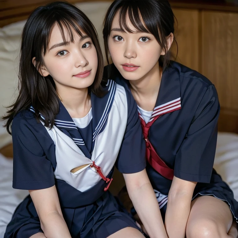 (Masterpiece, Best quality:1.4), (Ultra realistic, Photo-realistic:1.2), Natural light, 25 years old actress, Japanese women, Neat and clean, (school uniform, sailor suit, short sleeve suit:1.2), (traditional Japanese style with white and navy blue colors, detailed red ribbon and navy blue pleated skirt:1.1), (Ponytail:1.2), Short wavy hair, Light brown hair color, (Beautiful Faces), Oval face, clear, (Beautiful eyes, Kind eyes), (Clear skin), Small face, (Small mouth), (Beautiful mouth), Natural makeup, Approachable, Luxury hotel Suite room, On bed, Seductive smile, (Seductive pose:1.2), (Beautiful thighs:1.1), (Bedroom eyes), (lesbian couple:1.1), (petting together:1.2), obscene reality of girls, (crotch rub:1.1),