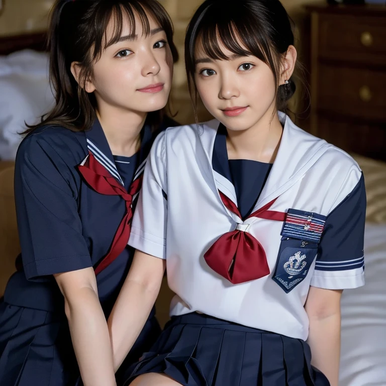 (Masterpiece, Best quality:1.4), (Ultra realistic, Photo-realistic:1.2), Natural light, 25 years old actress, Japanese women, Neat and clean, (school uniform, sailor suit, short sleeve suit:1.2), (traditional Japanese style with white and navy blue colors, detailed red ribbon and navy blue pleated skirt:1.1), (Ponytail:1.2), Short wavy hair, Light brown hair color, (Beautiful Faces), Oval face, clear, (Beautiful eyes, Kind eyes), (Clear skin), Small face, (Small mouth), (Beautiful mouth), Natural makeup, Approachable, Luxury hotel Suite room, On bed, Seductive smile, (Seductive pose:1.2), (Beautiful thighs:1.1), (Bedroom eyes), (lesbian couple:1.1), (petting together:1.2), obscene reality of girls, (crotch rub:1.1),