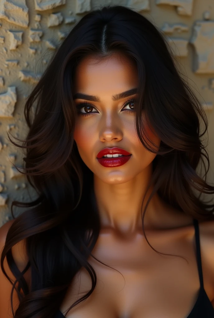 
realistic,raw photo,a beautiful, hot ((indian ultra detailed,realistic, hot supermodel)), stood in front of the wall and stuck provocative pose, she wears bold, smoky eye makeup and glossy red lipstick,detailed eyes and face,ultra detailed hair,attractive appearance,confident gaze,longeyelashes,beauty,sexy masterpiece, best quality, highly detailed, desire, blush, (beautiful and detailed eyes description), (beautiful and detailed face), perfect female body, (best quality), (ultra detailed), (master piece), (hight resolution), (original), (the extremely detailed cg unity 8k wallpapers)