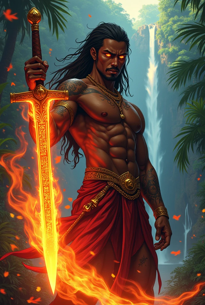 An anime legend of a black Brazilian man with eyes literally on fire.