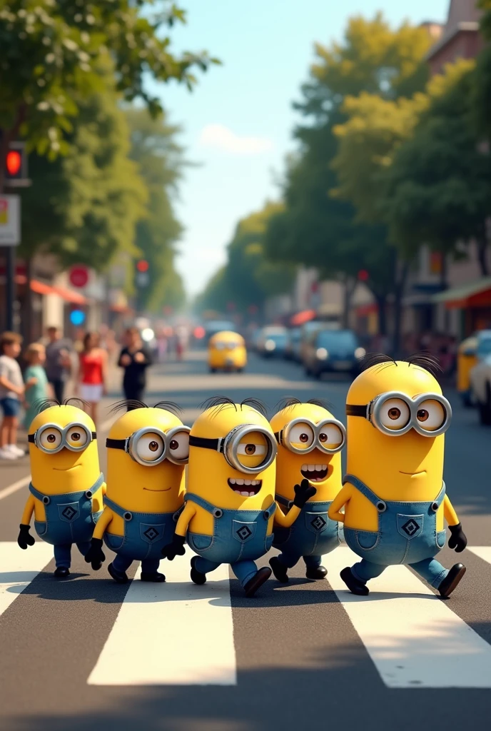 Minions walking sideways on the pedestrian crossing like the Beatles