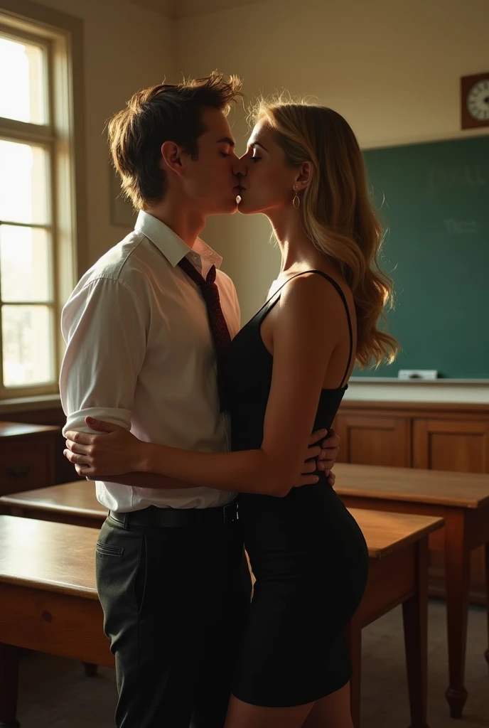 y 18 years young student ((boy)) smooching naughty 55 years matsty womteacher)), kiss , classroom ,full body, forbidden love, forbidden sex, fobidden sion, sexy teacher and ng boy (student), big age difference