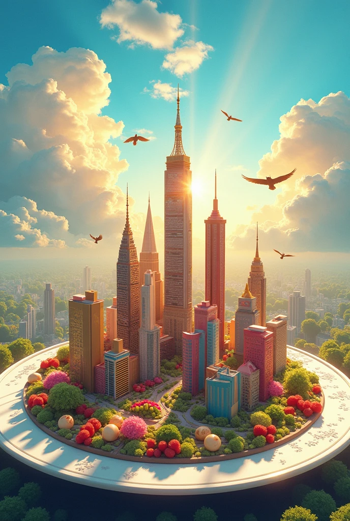 a city in the form of a plate, blue sky, the sun shining behind it