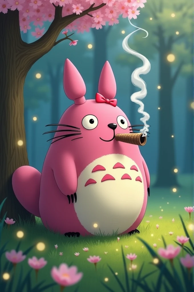 Totoro with pink colors smoking a blunt with a pink bow 