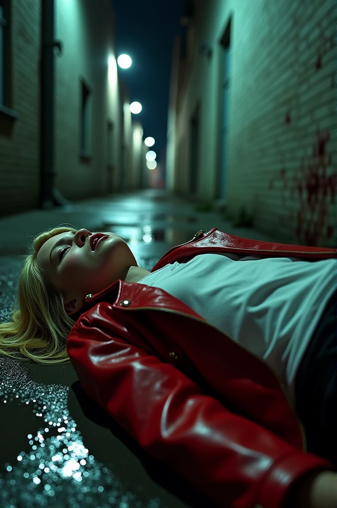 girl with blond hair, red leather jacket and white thirt being stabbed, collapsing on the floor, catchung breath, dark atmosphere, sad, bloody, hyperrealistic, full body