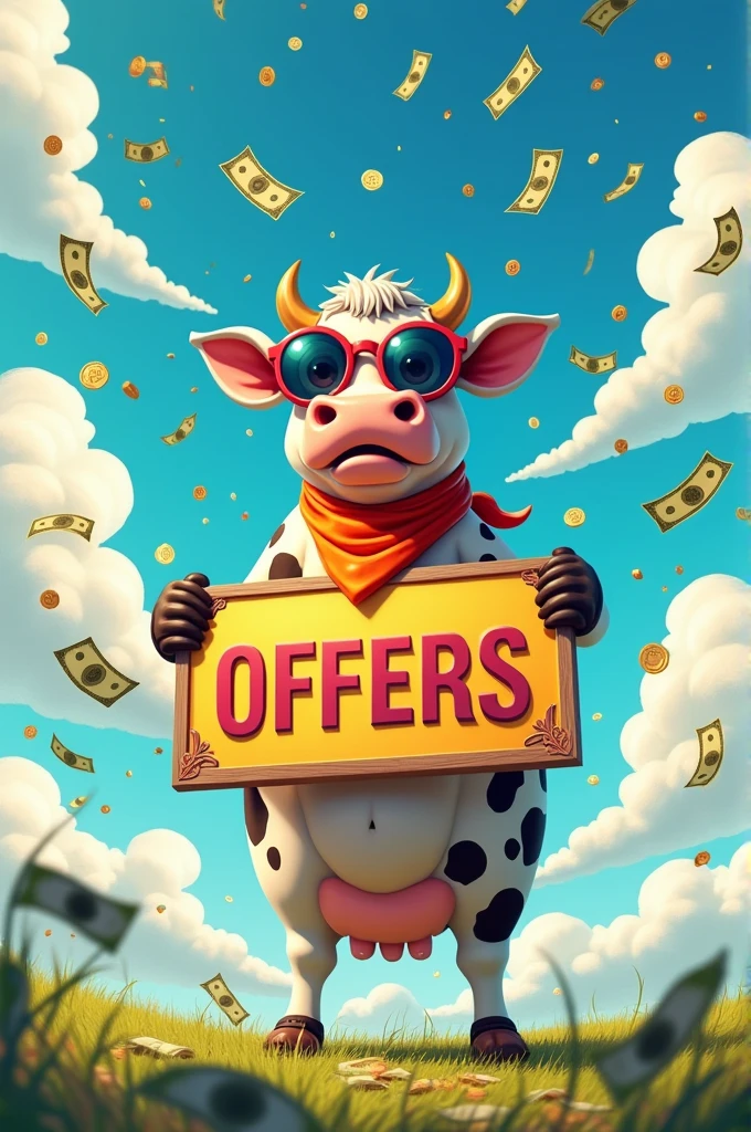 Humanoid cow holding a sign that says OFFERS. In the background of the image money falling from the sky. NSFW anime style art