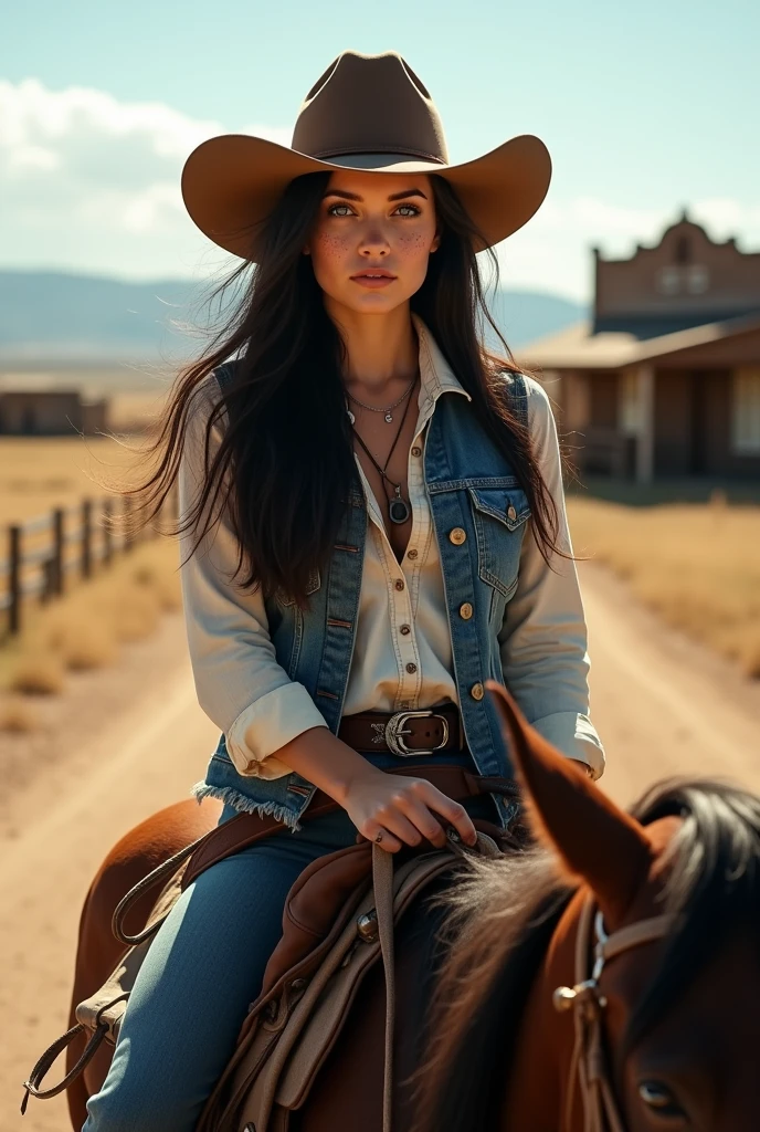 "Striking and ultra-realistic photo, a young woman with dark hair, freckles, and blue eyes, wearing an authentic cowboy outfit, () cleavage, (riding a horse). Her outfit includes a hat fashionable cowboy, frayed vest, denim vest and boots, western landscape or worn rural buildings in the background (very detailed:1.1),(from top:1.5 ").