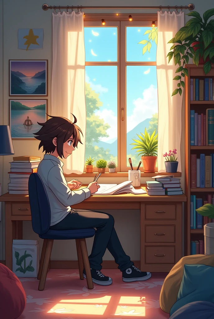 anime characters,university student,Room,gentle,medium long hair,Fluffy hair,brown hair,assistant,Shen Steady,Home,Casual wear,Thin hair,Anime characters,warm color