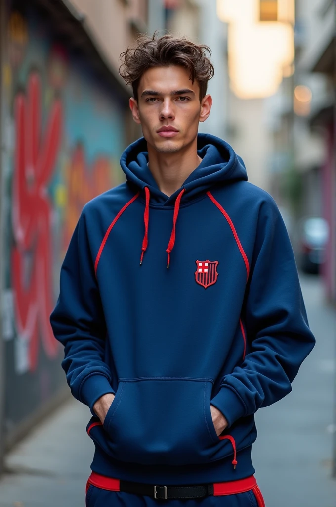 A sweatshirt model in blue with red details 