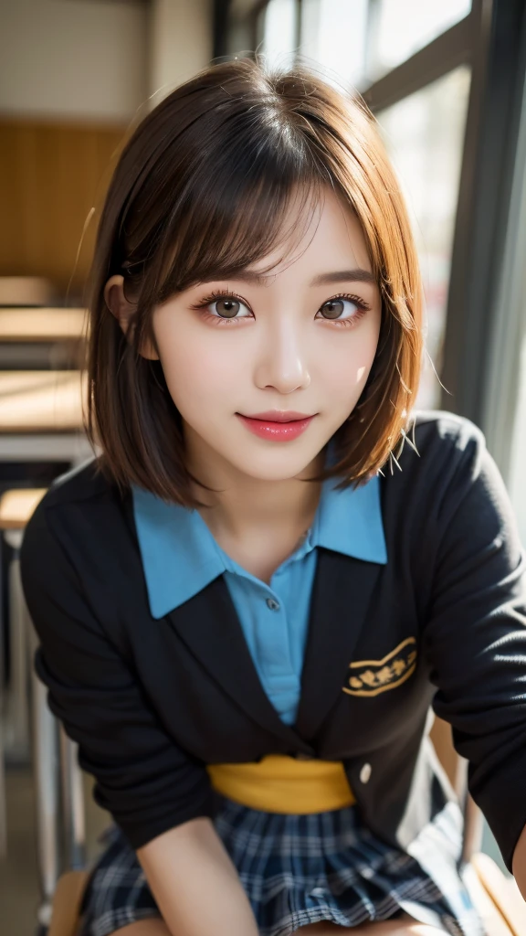 (masterpiece:1.3), (16k, photorealistic, RAW photo, best quality: 1.4),(photo of a beautiful Japanese girl), absurdres, attractive, ultra high resolution, ultra realistic, highly detailed, golden ratio, ultra detailed, super fucking beautiful detailed face, natural makeup, detailed cloth texture, detailed hair texture, beautiful detailed fullbody, Perfect female body, accurate, Anatomically correct, Highly detailed face and skin texture, (beautiful hands), (realistic skin), (beautiful pale skin:1.1), (Perfect dynamic composition, looking at viewer, full body shot:1.3),
BREAK,
realistic eyes, beautiful detailed eyes, symmetric eyes, Light Brown eyes, Double eyelids, Thin eyebrows, (Glossy lips:1.4), ((A face with waiting for a kiss, Seductive smile:1.2)), (weat skin, blush:1.1),
BREAK,
((short hair, bob, Dark blonde hair, bangs:1.2)), (Daytime, Straddling a chair, classroom:1.3), (school uniform, Dark Blue jacket, Red Checkered mini skirt:1.3)