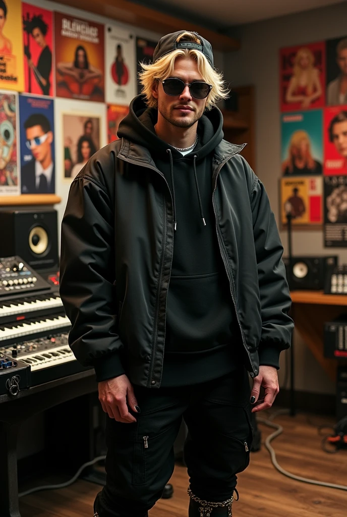 (photorealism:1.2) blonde man, a 35 years old blonde guy called Torino, streetwear, oversized, black, balenciaga, fitness, wearing balenciaga streetwear, balenciaga, all black, hoodie over the head,  wide jacket, japanese style trousers, oversized clothes, black cap, black sunglasses, black nails, boots, chains, background is a music studio.