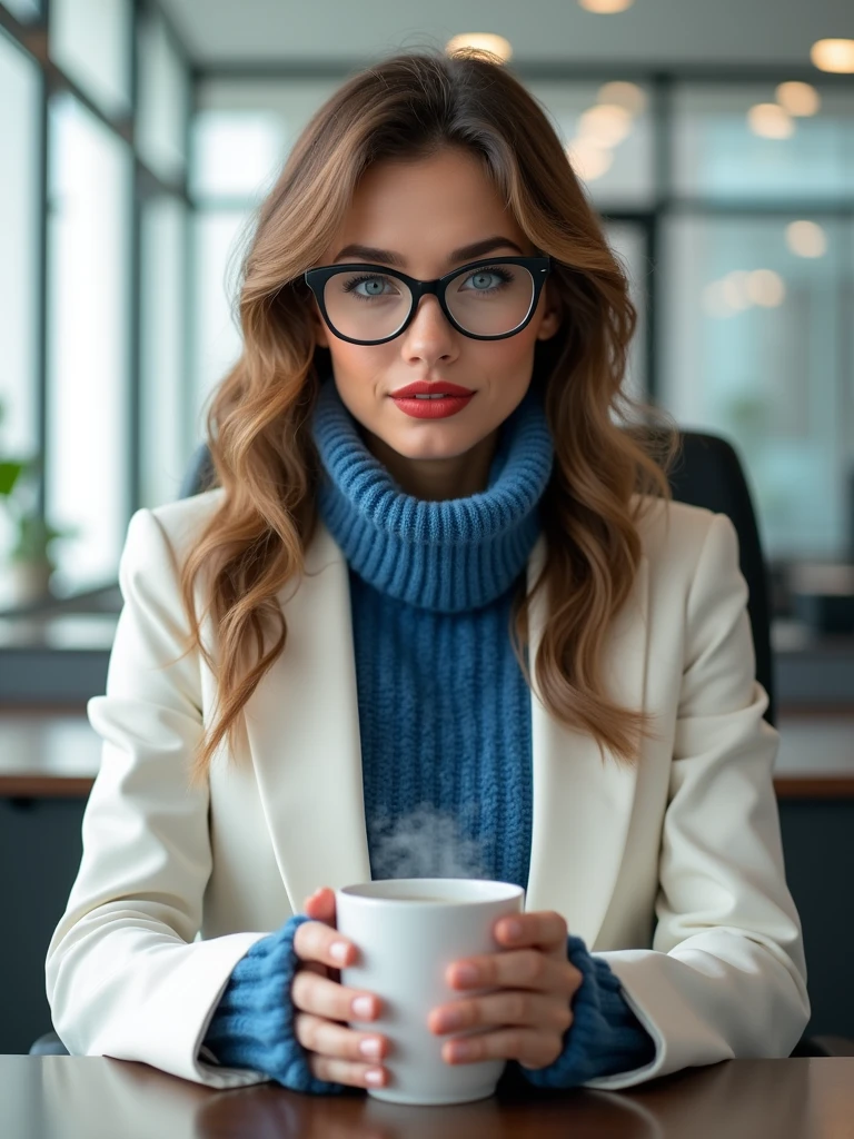 Full body, beautiful woman, sitting in office, driking a coffee, wearing a blue fuzzy sweater under close white jacket, beautiful hair, stunning blue eyes, wearing a glasses, full red lips, ultra quality, ultra resolution, ultra realisitc, Ultra HD, ultra detailed, super quality, super resolution, super detailed, 16K, VFX, HDR, RTX, Unreal engine 5.3, Wide Angle