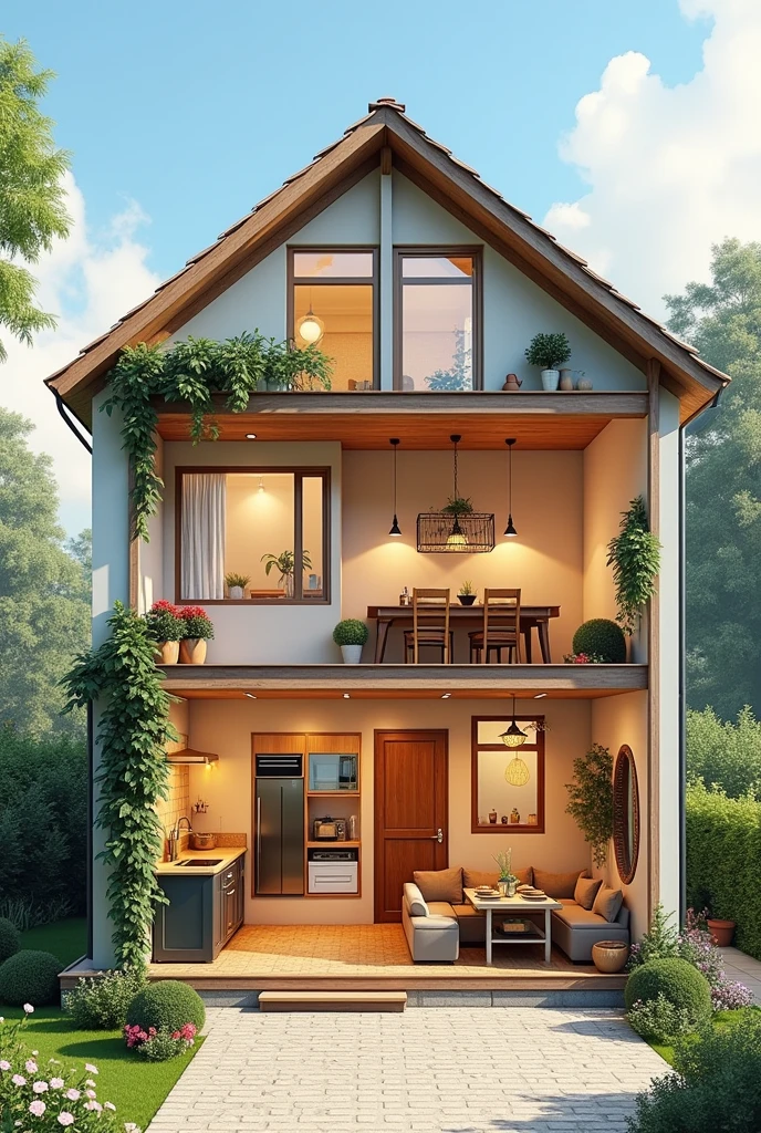 IMAGE OF A TWO-STORY HOUSE WITH A CROSS-SECTION, WHERE YOU CAN SEE ON THE FIRST FLOOR A KITCHEN, A DINING ROOM, living room, PARKING AND A TERRACE AND ON THE SECOND FLOOR A BATHROOM, A LAUNDRY, ONE BEDROOM AND A BALCONY.