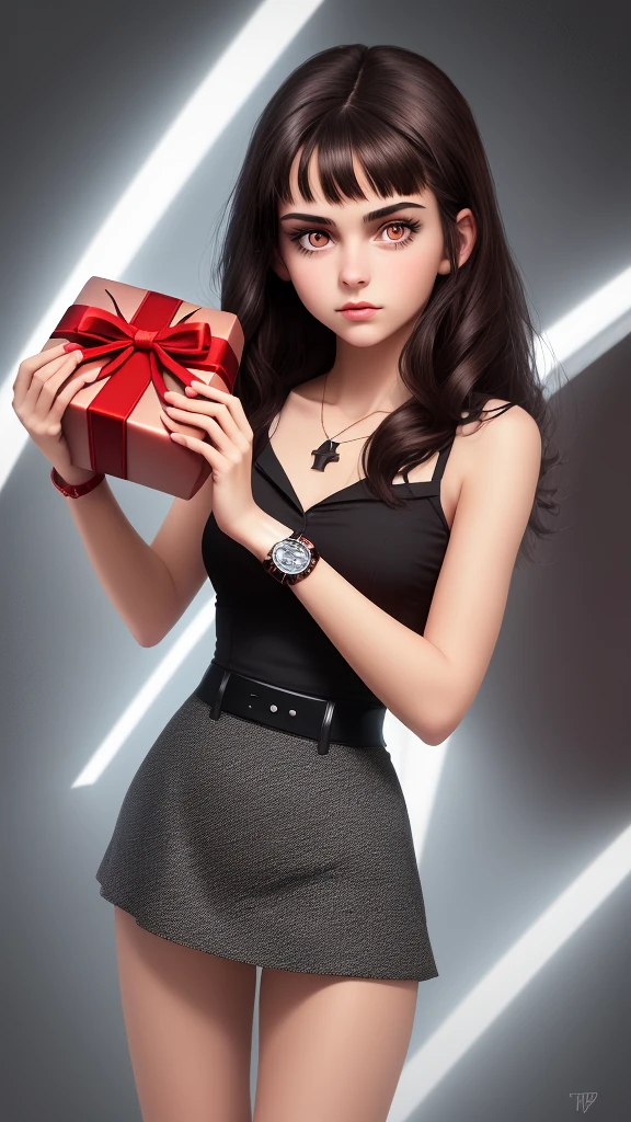 Stylized image of a dark hair vteenage girl puting a wristwatch in a gift box