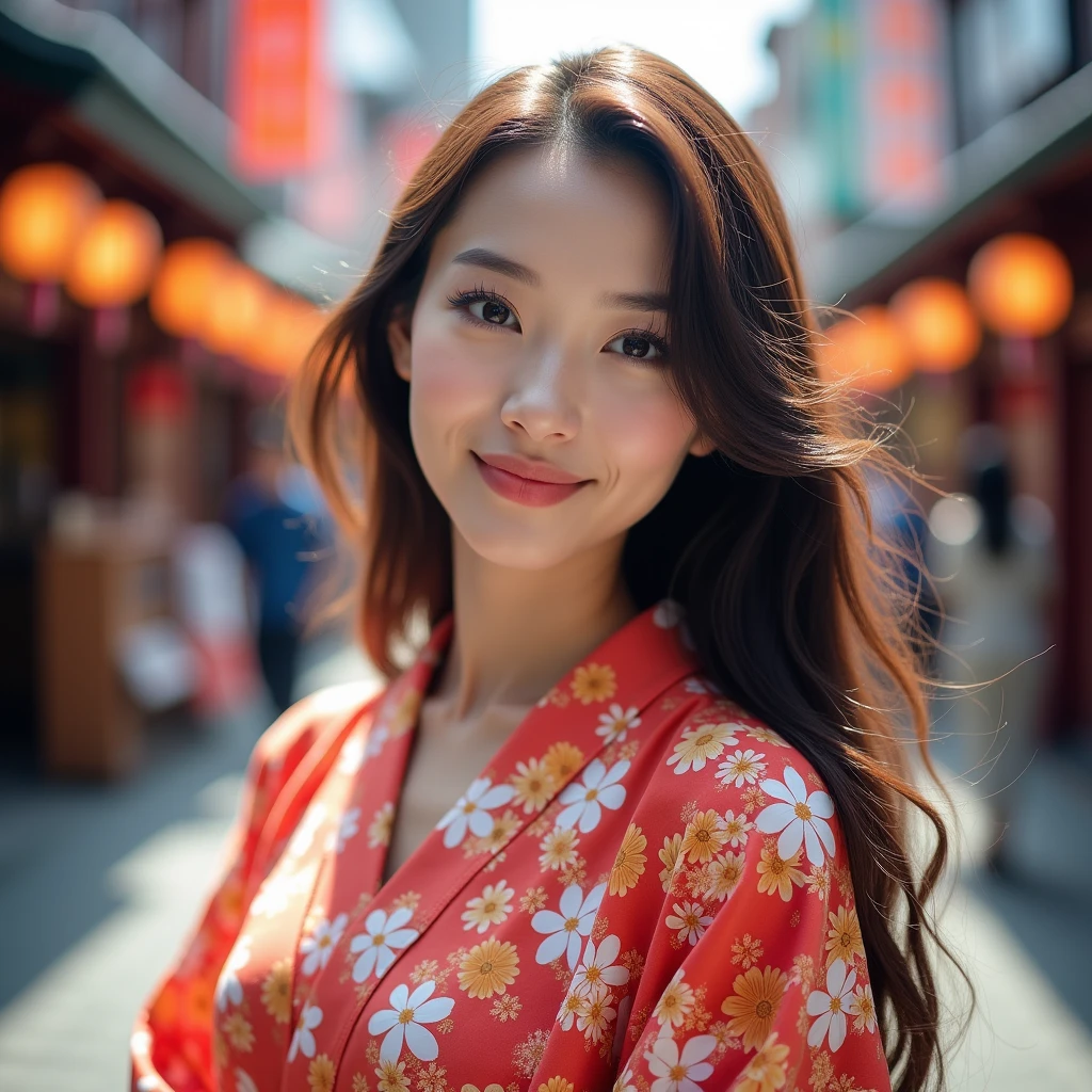 ((Maximum quality、8k、work of art:1.3))、Selfie、Beautiful women in perfect shape:1.4、(long brown hair、normal breast:1.3)、(Japanese floral yukata)、Highly detailed texture of face and skin、Delicate Eyes、Double eyelids、a smirk:1.5、all-body、sacrifice、in street、natta
