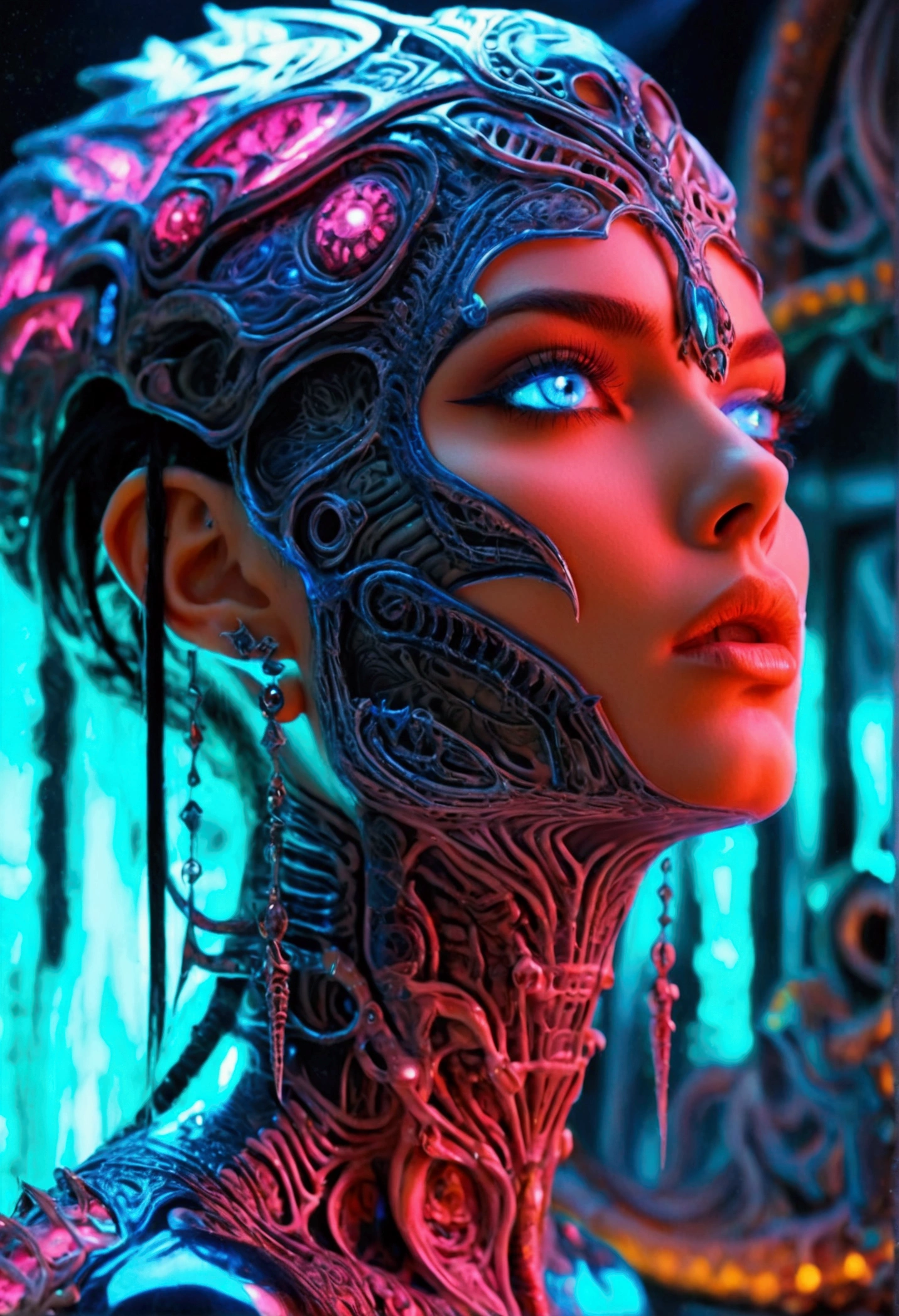 Stunningly gorgeous beautiful perfect hr giger inspired inspired tattooed sexy seductive deathknight, perfect face, hyper detailed neon sapphire eyes, large breasts, full body view, nude